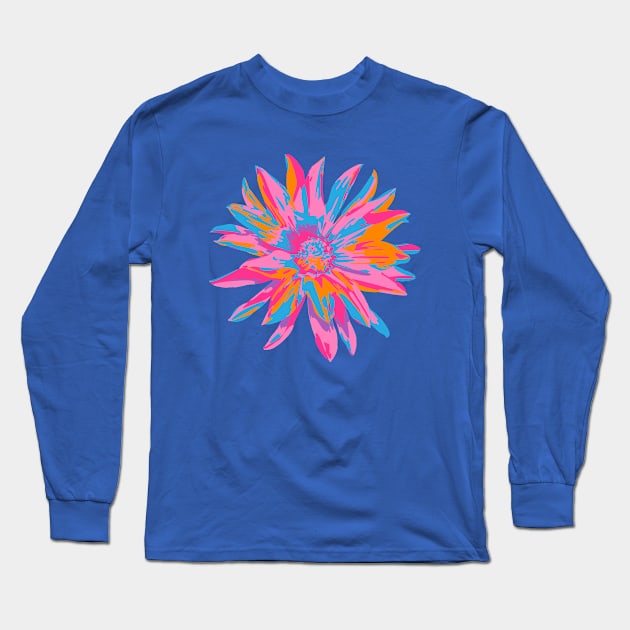 DAHLIA BURSTS Abstract Blooming Floral Summer Bright Flowers - Fuchsia Pink Purple Blue Orange on Royal Blue - UnBlink Studio by Jackie Tahara Long Sleeve T-Shirt by UnBlink Studio by Jackie Tahara